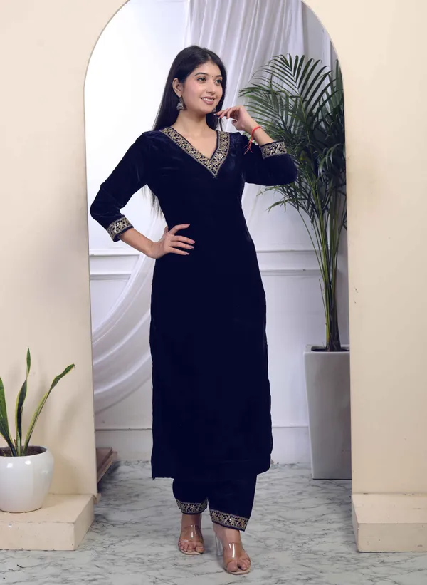 Women's_Blue_Velvet_Embroidered/Sequence_Work_Straight_Kurta_With_Palazzo_-_Doriyan