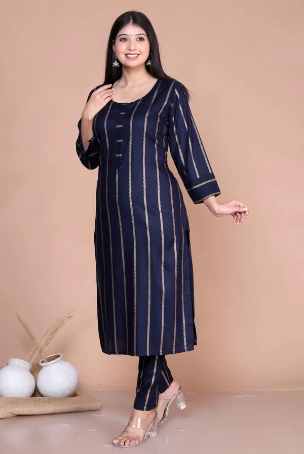 Women's_Navy_Blue_&_Golden_Striped_Mokshi_Pakistani_Kurta_With_Palazzo_-_Doriyan