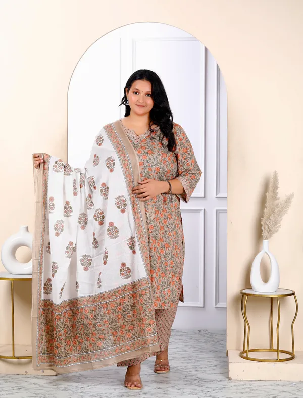 Women's_Plus_Size_Keyhole_Neck_Brown_Printed_Pure_Cotton_Straight_Kurta_And_Palazzo_With_Dupatta_Set_-_Doriyan