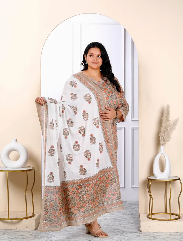 Women's_Plus_Size_Keyhole_Neck_Brown_Printed_Pure_Cotton_Straight_Kurta_And_Palazzo_With_Dupatta_Set_-_Doriyan