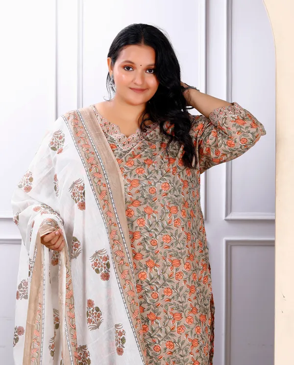 Women's_Plus_Size_Keyhole_Neck_Brown_Printed_Pure_Cotton_Straight_Kurta_And_Palazzo_With_Dupatta_Set_-_Doriyan