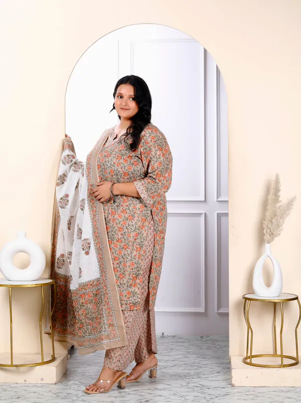 Women's_Plus_Size_Keyhole_Neck_Brown_Printed_Pure_Cotton_Straight_Kurta_And_Palazzo_With_Dupatta_Set_-_Doriyan
