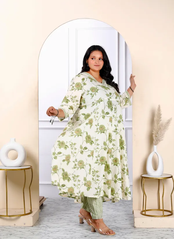 Women's_Plus_Size_Cotton_Floral_Print_Green_Anarkali_Kurta_And_Palazzo_Set_-_Doriyan