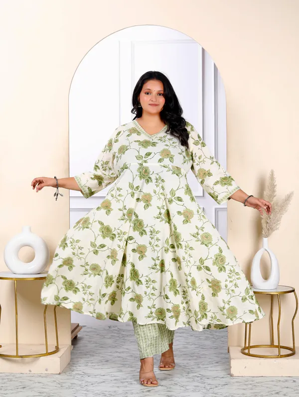 Women's_Plus_Size_Cotton_Floral_Print_Green_Anarkali_Kurta_And_Palazzo_Set_-_Doriyan