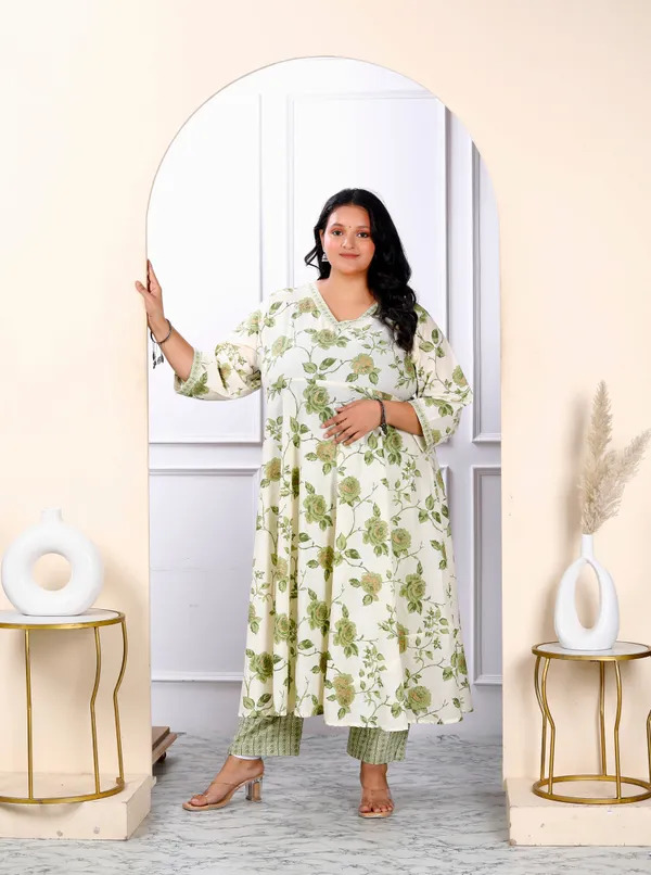 Women's_Plus_Size_Cotton_Floral_Print_Green_Anarkali_Kurta_And_Palazzo_Set_-_Doriyan