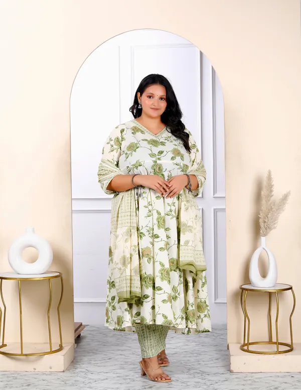 Women's_Plus_Size_Attractive_Floral_Print_Cotton_Green_Anarkali_Kurta_Palazzo_And_Dupatta_Set_-_Doriyan