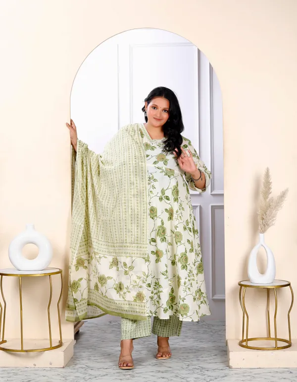 Women's_Plus_Size_Attractive_Floral_Print_Cotton_Green_Anarkali_Kurta_Palazzo_And_Dupatta_Set_-_Doriyan