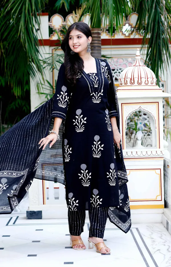 Women's_Cotton_Gota_Patti_Black_Floral_Printed_Straight_Kurta_Palazzo_With_Dupatta_Set_-_Doriyan
