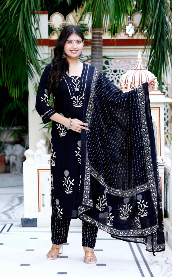 Women's_Cotton_Gota_Patti_Black_Floral_Printed_Straight_Kurta_Palazzo_With_Dupatta_Set_-_Doriyan