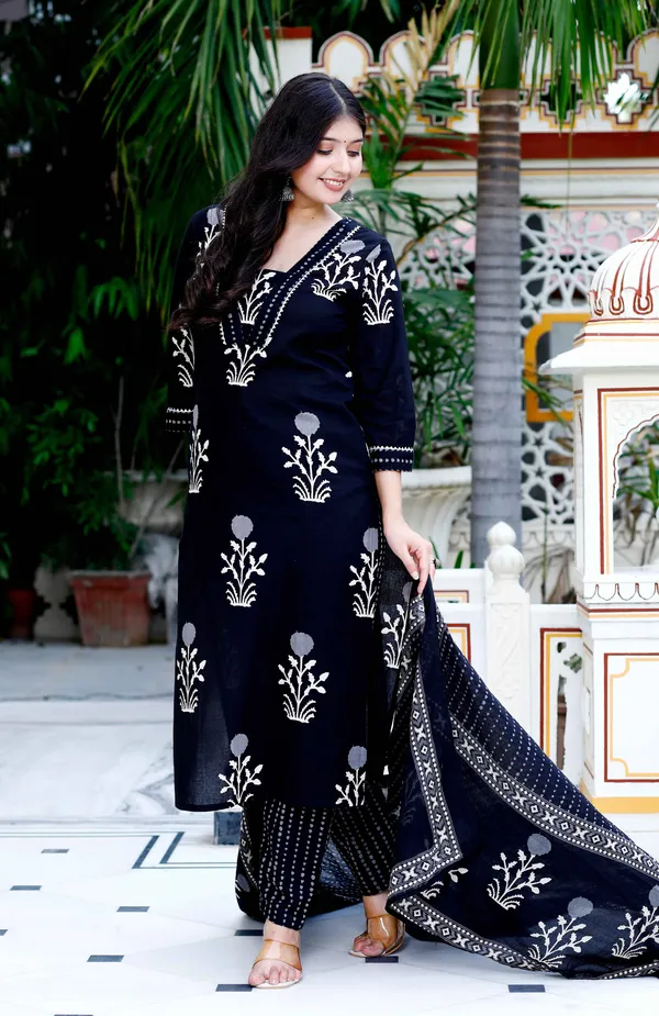 Women's_Cotton_Gota_Patti_Black_Floral_Printed_Straight_Kurta_Palazzo_With_Dupatta_Set_-_Doriyan
