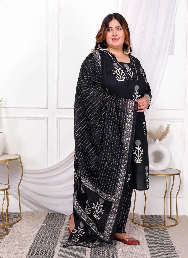 Women's_Plus_Size_Cotton_Gota_Patti_Black_Floral_Printed_Straight_Kurta_Palazzo_With_Dupatta_Set_-_Doriyan
