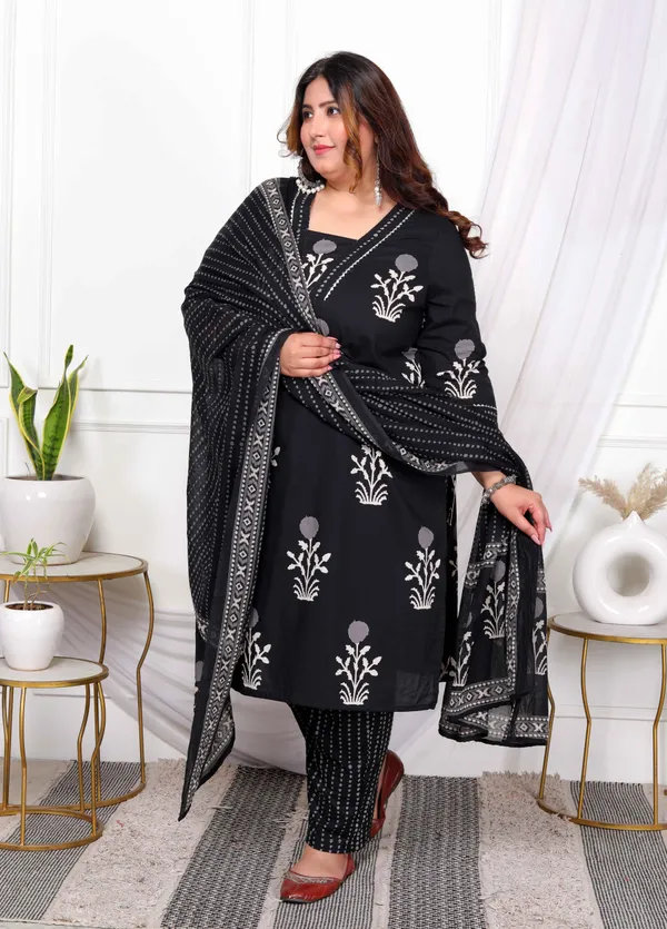Women's_Plus_Size_Cotton_Gota_Patti_Black_Floral_Printed_Straight_Kurta_Palazzo_With_Dupatta_Set_-_Doriyan