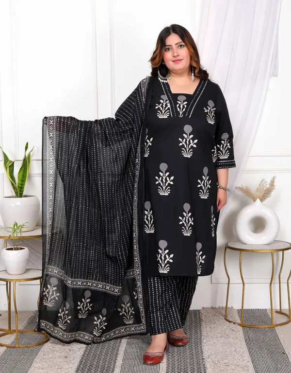 Women's_Plus_Size_Cotton_Gota_Patti_Black_Floral_Printed_Straight_Kurta_Palazzo_With_Dupatta_Set_-_Doriyan
