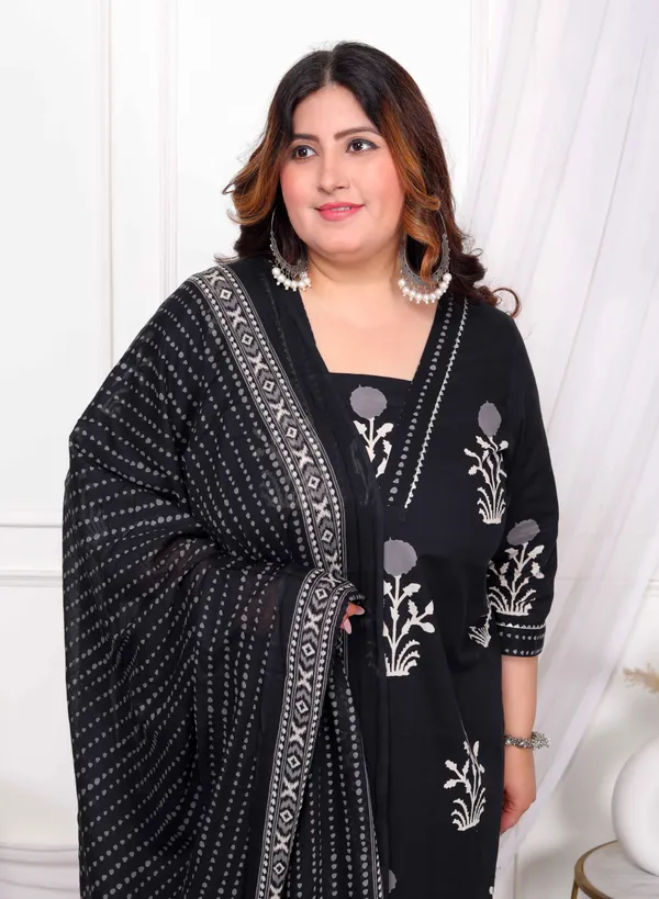 Women's_Plus_Size_Cotton_Gota_Patti_Black_Floral_Printed_Straight_Kurta_Palazzo_With_Dupatta_Set_-_Doriyan