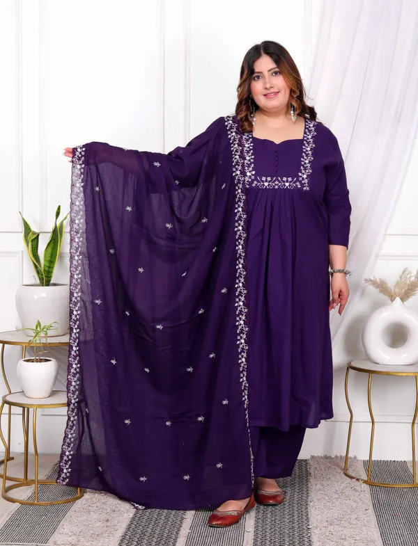 Women's_Plus_Size_Cotton_Purple_A-Line_Kurta_With_Embroidered_Neck_And_Palazzo_With_Embroidered_Dupatta_Set_-_Doriyan