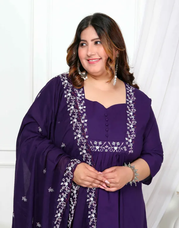 Women's_Plus_Size_Cotton_Purple_A-Line_Kurta_With_Embroidered_Neck_And_Palazzo_With_Embroidered_Dupatta_Set_-_Doriyan