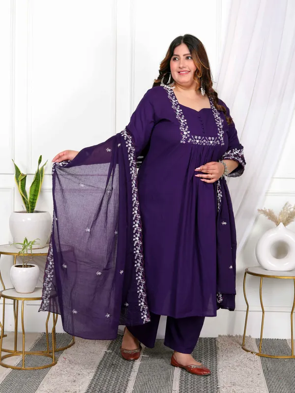 Women's_Plus_Size_Cotton_Purple_A-Line_Kurta_With_Embroidered_Neck_And_Palazzo_With_Embroidered_Dupatta_Set_-_Doriyan