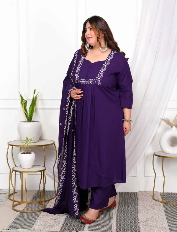 Women's_Plus_Size_Cotton_Purple_A-Line_Kurta_With_Embroidered_Neck_And_Palazzo_With_Embroidered_Dupatta_Set_-_Doriyan
