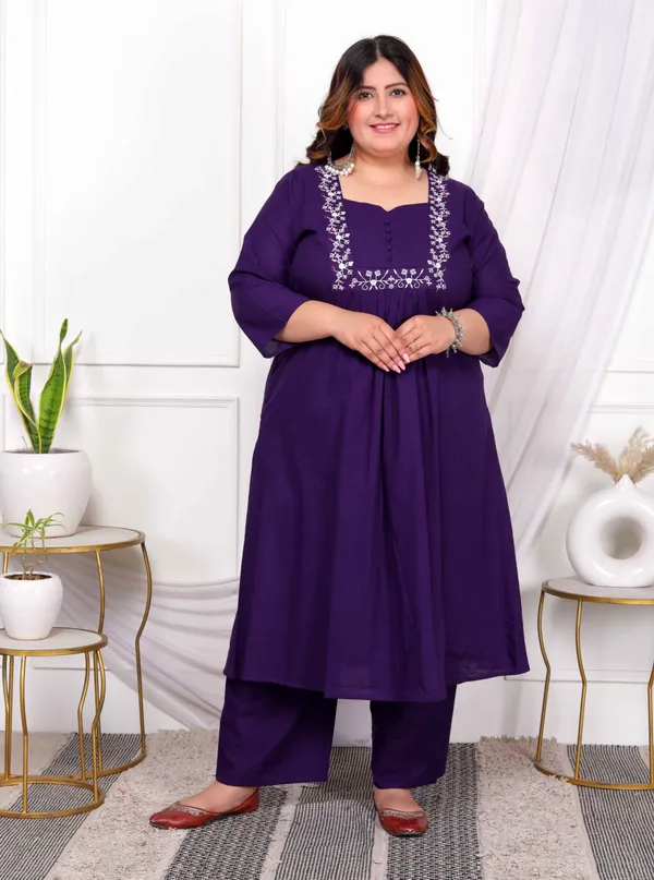 Women's_Plus_Size_Purple_Embroidered_Sweetheart_Neck_&_Accordion_Pleated_Solid_A-Line_Kurta_And_Palazzo_Set_-_Doriyan