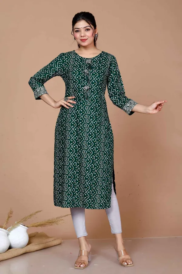 Women'S_Rayon_Bandhani_Print_Straight_Kurti_Green_-_Doriyan