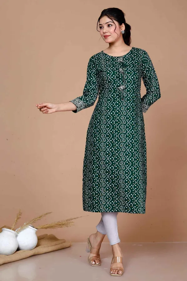 Women'S_Rayon_Bandhani_Print_Straight_Kurti_Green_-_Doriyan