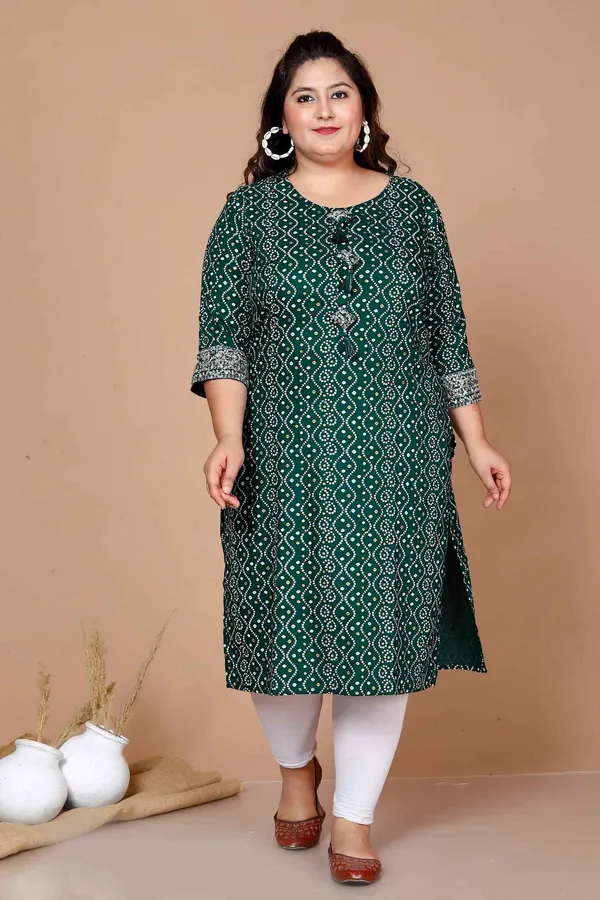 Women'S_Plus_Size_Rayon_Bandhani_Print_Straight_Kurta_Green_-_Doriyan