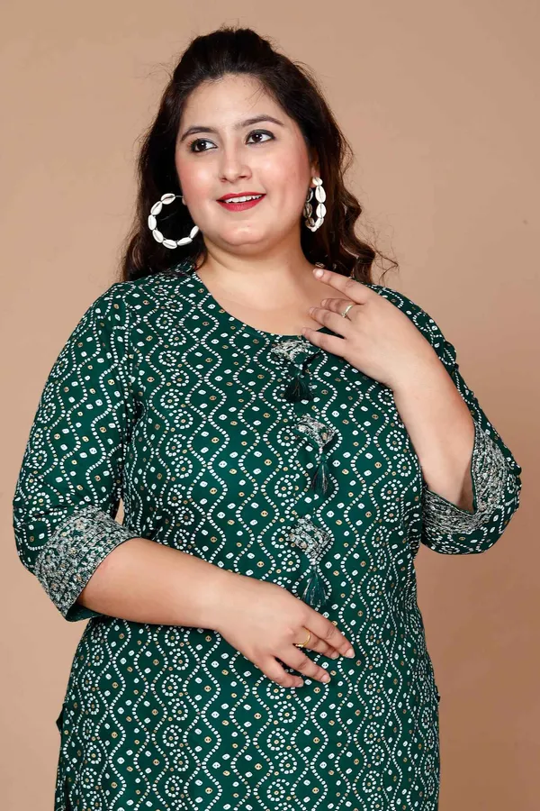 Women'S_Plus_Size_Rayon_Bandhani_Print_Straight_Kurta_Green_-_Doriyan