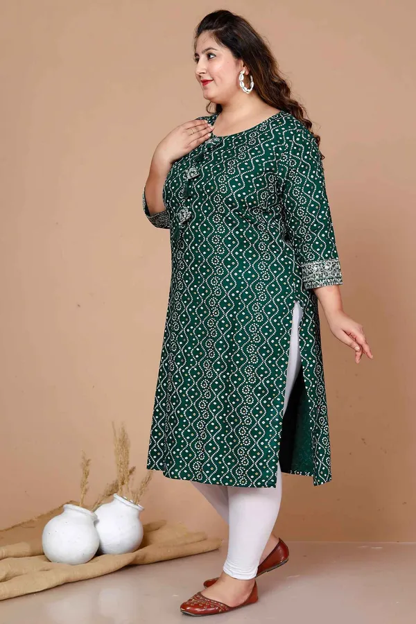 Women'S_Plus_Size_Rayon_Bandhani_Print_Straight_Kurta_Green_-_Doriyan