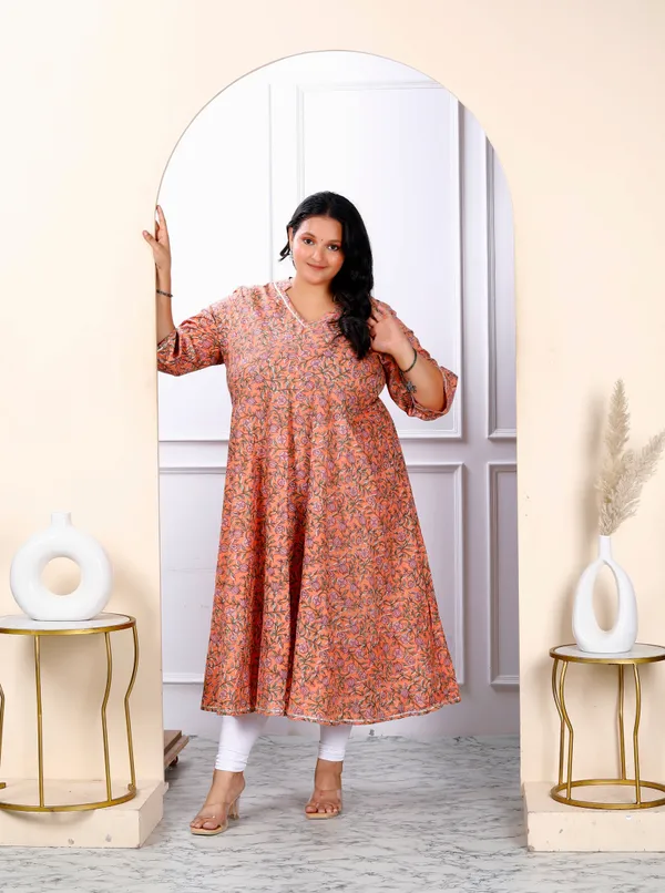 Women's_Plus_Size_Orange_Cotton_Floral_And_Gota_Patti_Details_Party_Wear_Anarkali_Kurta_-_Doriyan