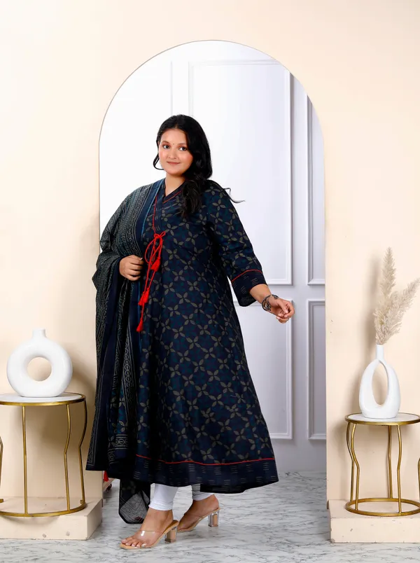 Women's_Navy_Blue_Plus_Size_V_Neck_Abstract_Printed_Tassel_Angrakha_Kurta_And_Dupatta_-_Doriyan