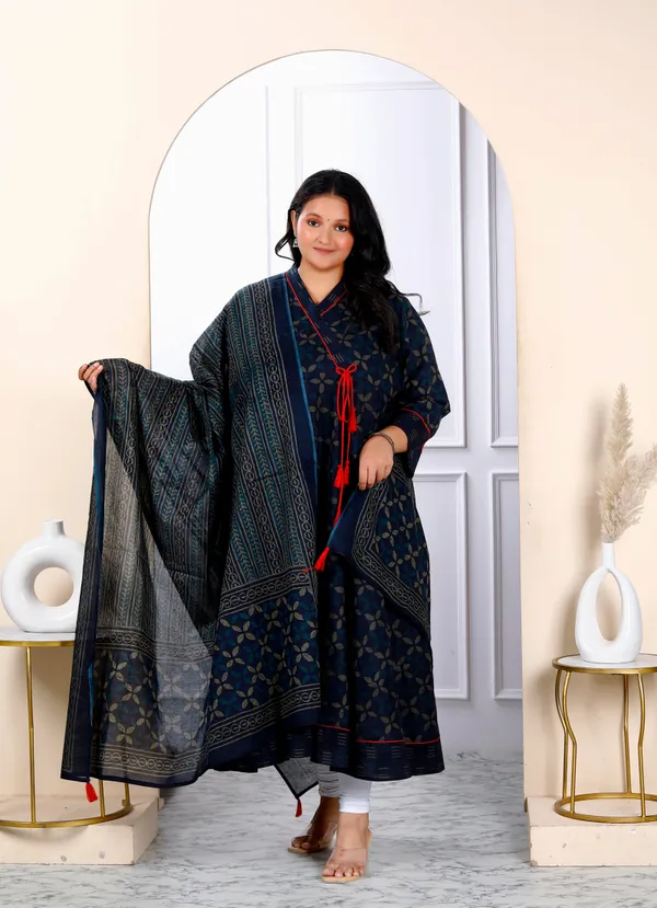 Women's_Navy_Blue_Plus_Size_V_Neck_Abstract_Printed_Tassel_Angrakha_Kurta_And_Dupatta_-_Doriyan