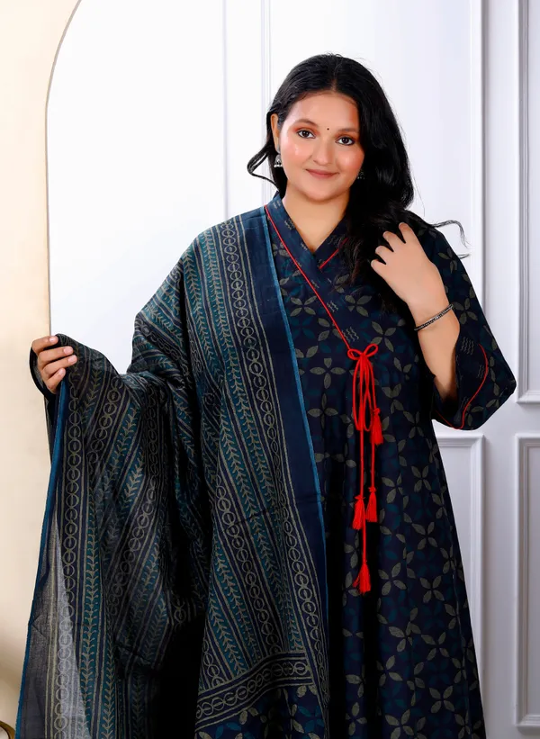 Women's_Navy_Blue_Plus_Size_V_Neck_Abstract_Printed_Tassel_Angrakha_Kurta_And_Dupatta_-_Doriyan