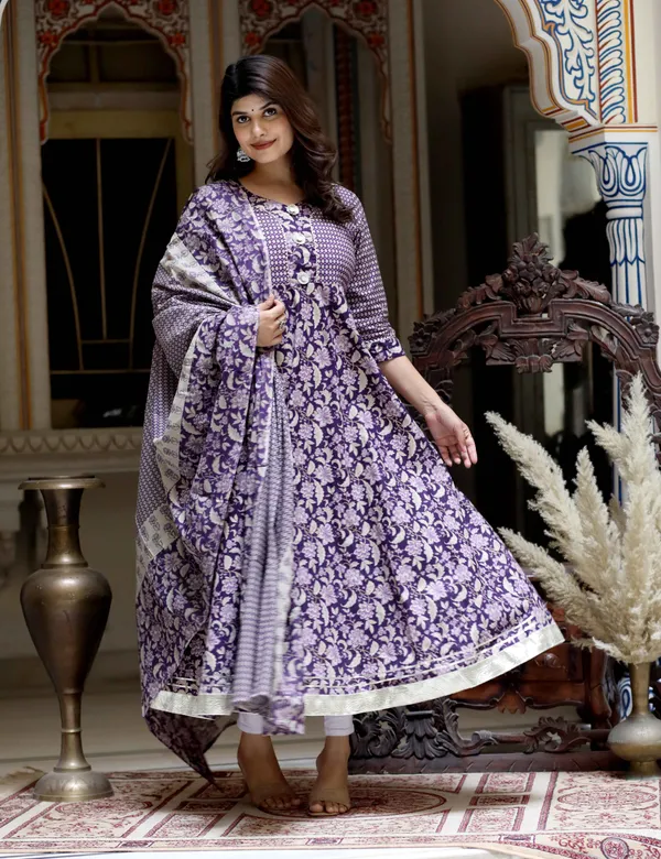 Women's_Purple_Cotton_Floral_Gota_Lace_Work_Anarkali_Kurta_And_Dupatta_-_Doriyan