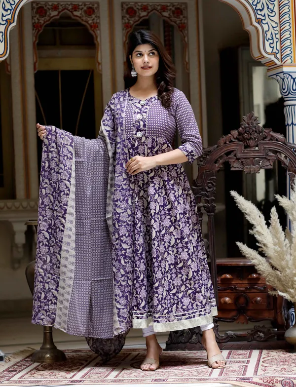 Women's_Purple_Cotton_Floral_Gota_Lace_Work_Anarkali_Kurta_And_Dupatta_-_Doriyan