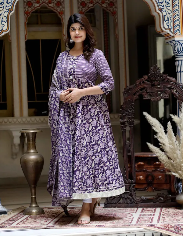 Women's_Purple_Cotton_Floral_Gota_Lace_Work_Anarkali_Kurta_And_Dupatta_-_Doriyan