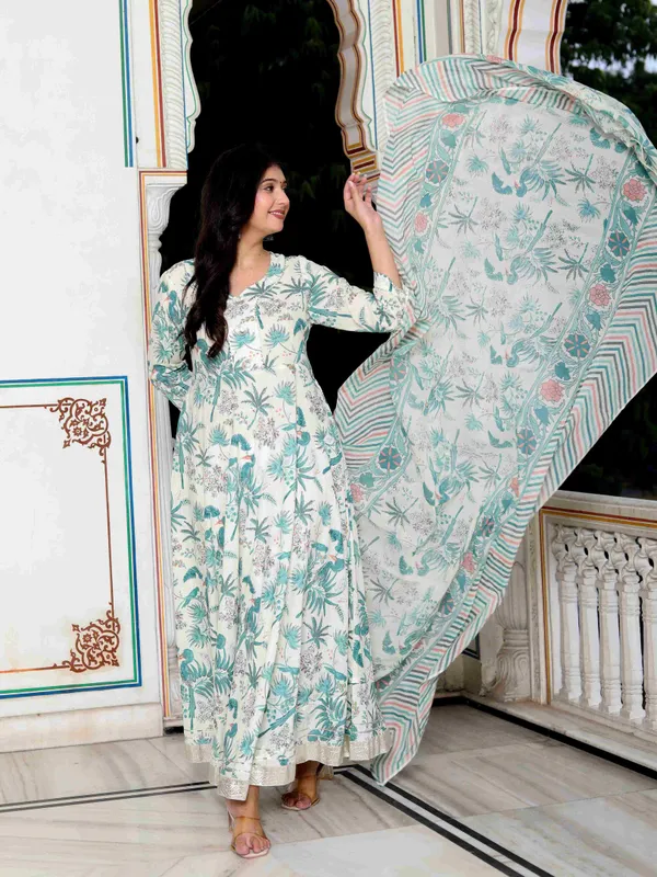 Women's_Light_Green_Birds_And_Leaf_Floral_Printed_Anarkali_Kurta_And_Dupatta_Set_-_Doriyan
