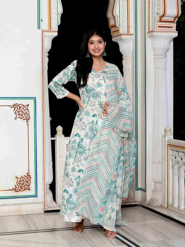 Women's_Light_Green_Birds_And_Leaf_Floral_Printed_Anarkali_Kurta_And_Dupatta_Set_-_Doriyan