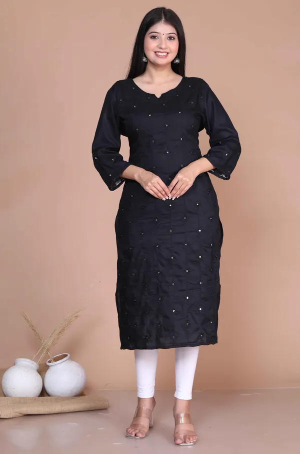 Women's_Black_Embroidered_And_Mirror_Work_Pakistani_Straight_Kurti_-_Doriyan