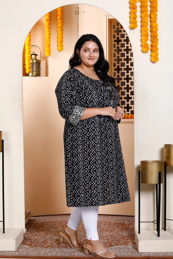 Women's_Plus_Size_Rayon_Embroidery_Black_Bandhani_Printed_Straight_Kurti_-_Doriyan