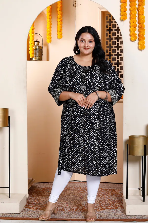 Women's_Plus_Size_Rayon_Embroidery_Black_Bandhani_Printed_Straight_Kurti_-_Doriyan