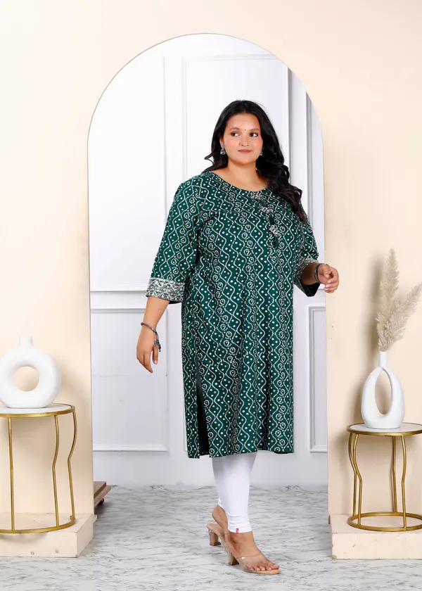 Women's_Plus_Size_Rayon_Green_Bandhani_Printed_Straight_Kurti_-_Doriyan