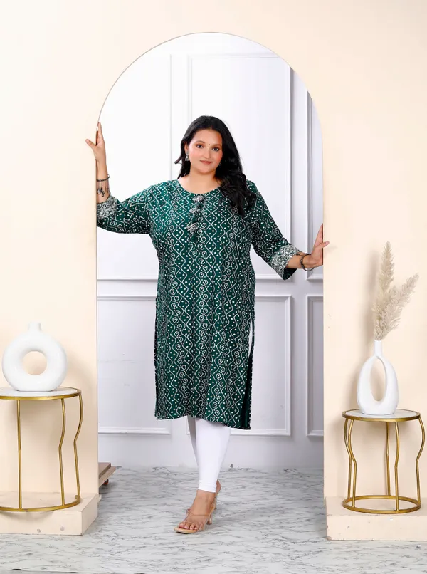 Women's_Plus_Size_Rayon_Green_Bandhani_Printed_Straight_Kurti_-_Doriyan
