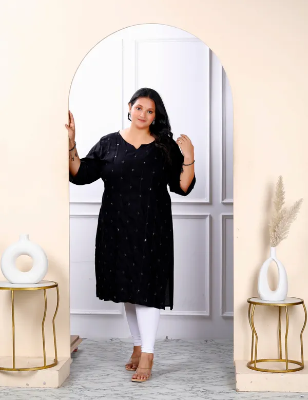 Women's_Plus_Size_Black_Embroidered_And_Mirror_Work_Straight_Kurti_-_Doriyan