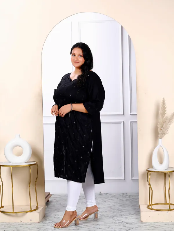Women's_Plus_Size_Black_Embroidered_And_Mirror_Work_Straight_Kurti_-_Doriyan
