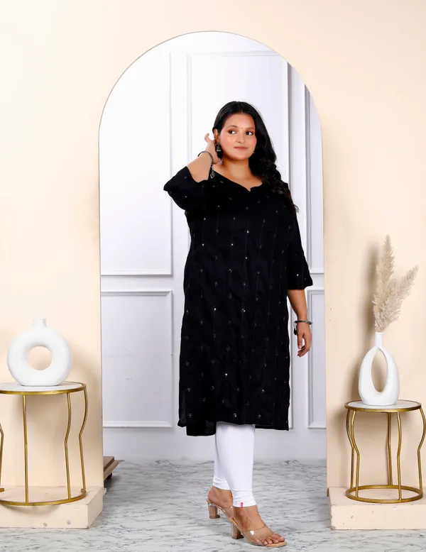 Women's_Plus_Size_Black_Embroidered_And_Mirror_Work_Straight_Kurti_-_Doriyan