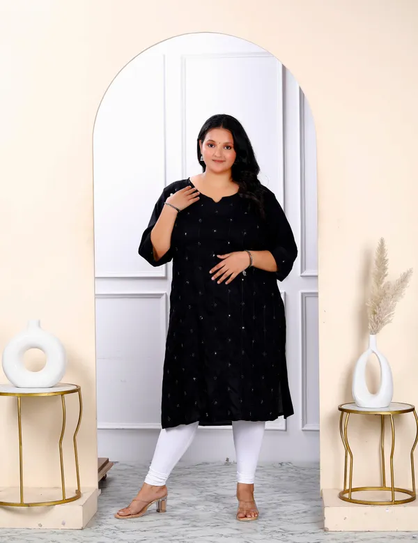 Women's_Plus_Size_Black_Embroidered_And_Mirror_Work_Straight_Kurti_-_Doriyan