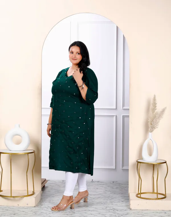 Women's_Plus_Size_Green_Embroidered_And_Mirror_Work_Straight_Kurti_-_Doriyan