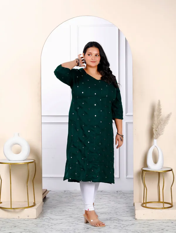 Women's_Plus_Size_Green_Embroidered_And_Mirror_Work_Straight_Kurti_-_Doriyan