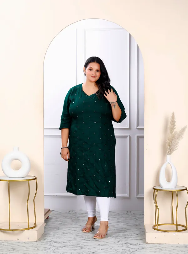 Women's_Plus_Size_Green_Embroidered_And_Mirror_Work_Straight_Kurti_-_Doriyan