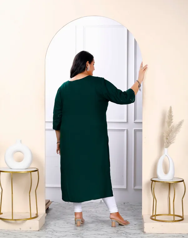 Women's_Plus_Size_Green_Embroidered_And_Mirror_Work_Straight_Kurti_-_Doriyan